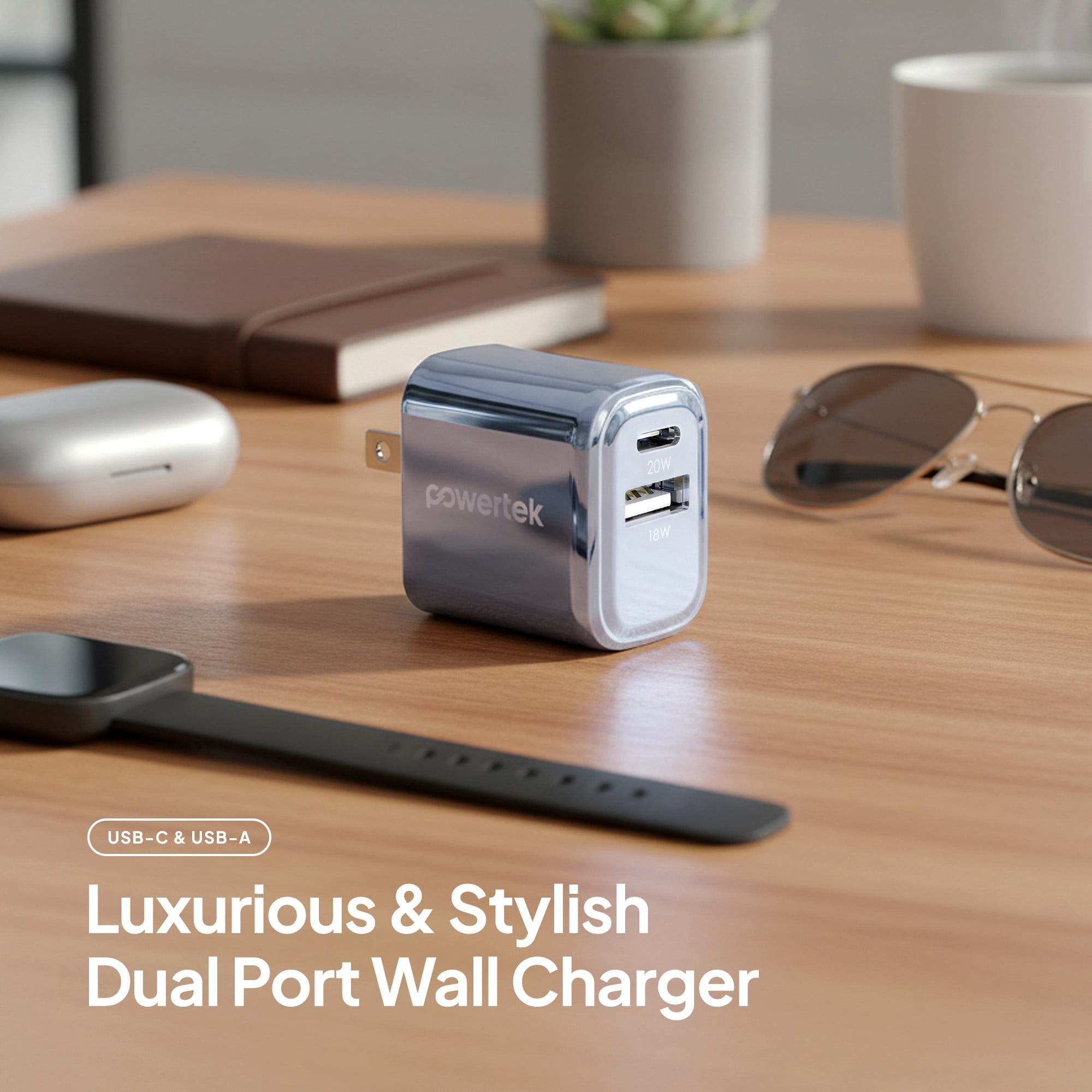 Powertek 20W USB-C PD + 18W USB-A Dual Port Wall Charger, Metallic Shine Pastel, Silver