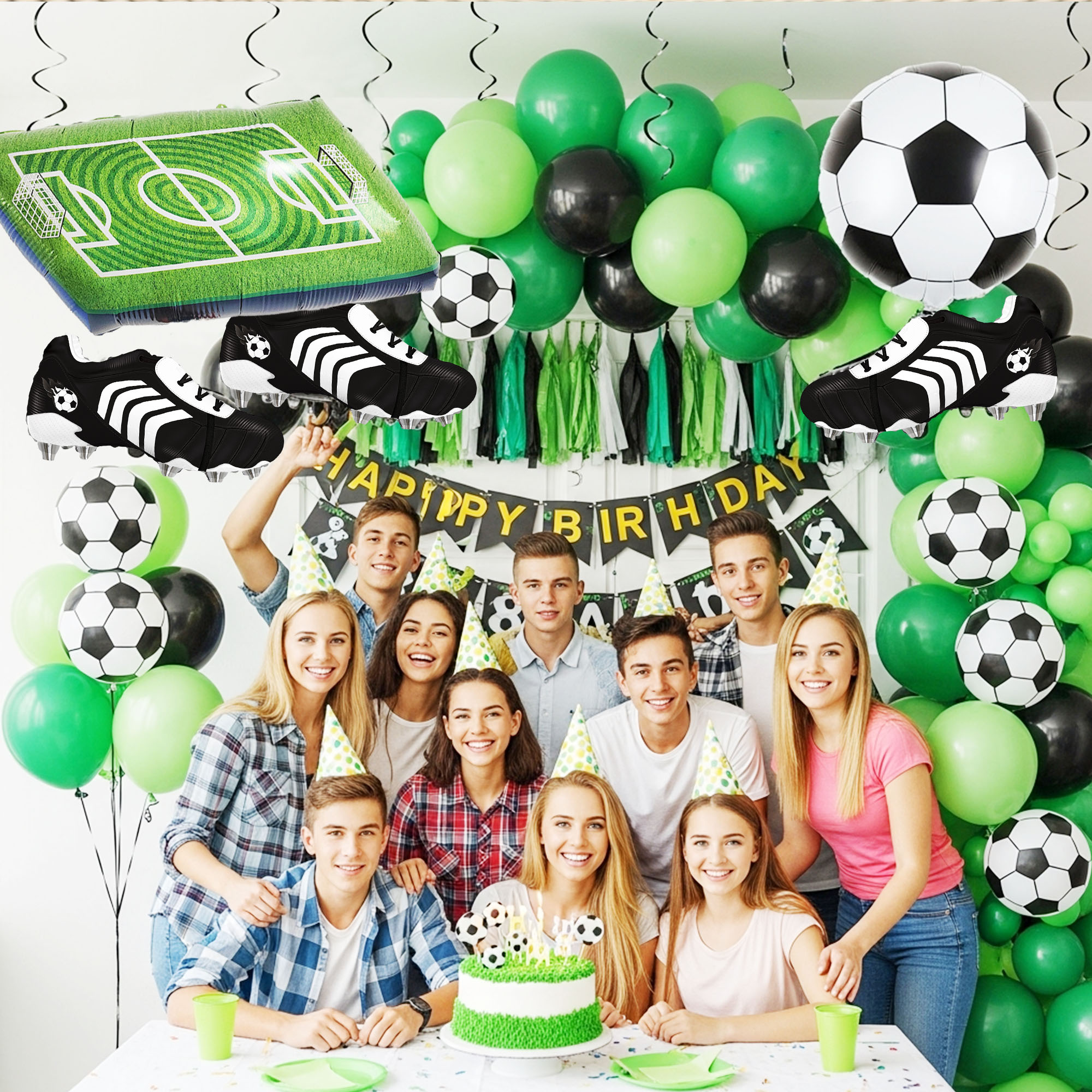 CYMYLAR Soccer Balloons Kit Football Party Decorations - Giant Soccer Ball Field Cleats Foil Balloons Green Latex for Boys Girls Birthday Sports Theme (14 Pieces)