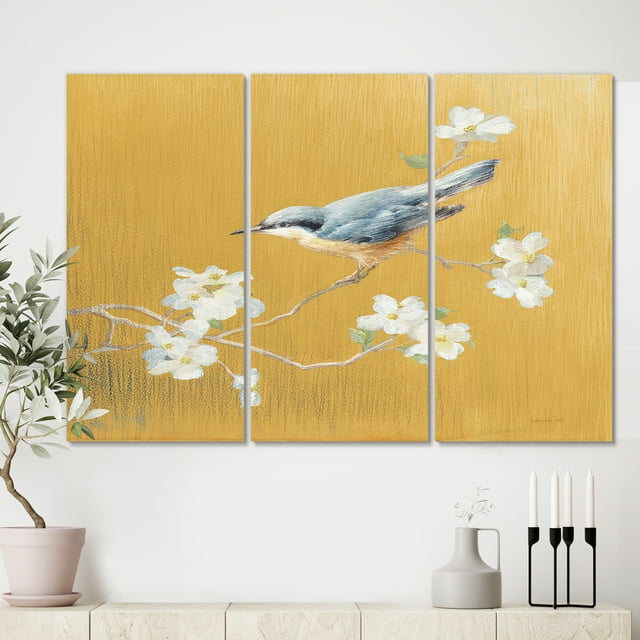 Designart - Oiseau Doré sur Fleurs II - Uvre d'Art sur Toile de Ferme