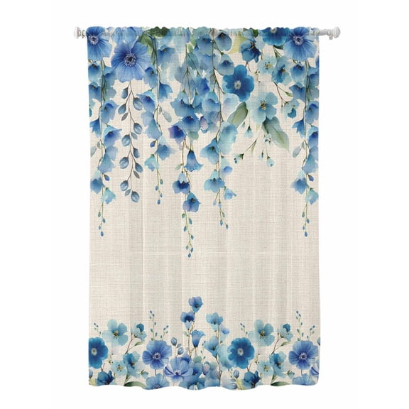 Sheer Curtains 63 Inch Length, Spring Blue Floral Semi Sheer Curtains Light Filtering Window Treatment, Farmhouse Weeping Floral Leaves Burlap Privacy Voile Drapes for Living Room Bedroom 52x63 Inch