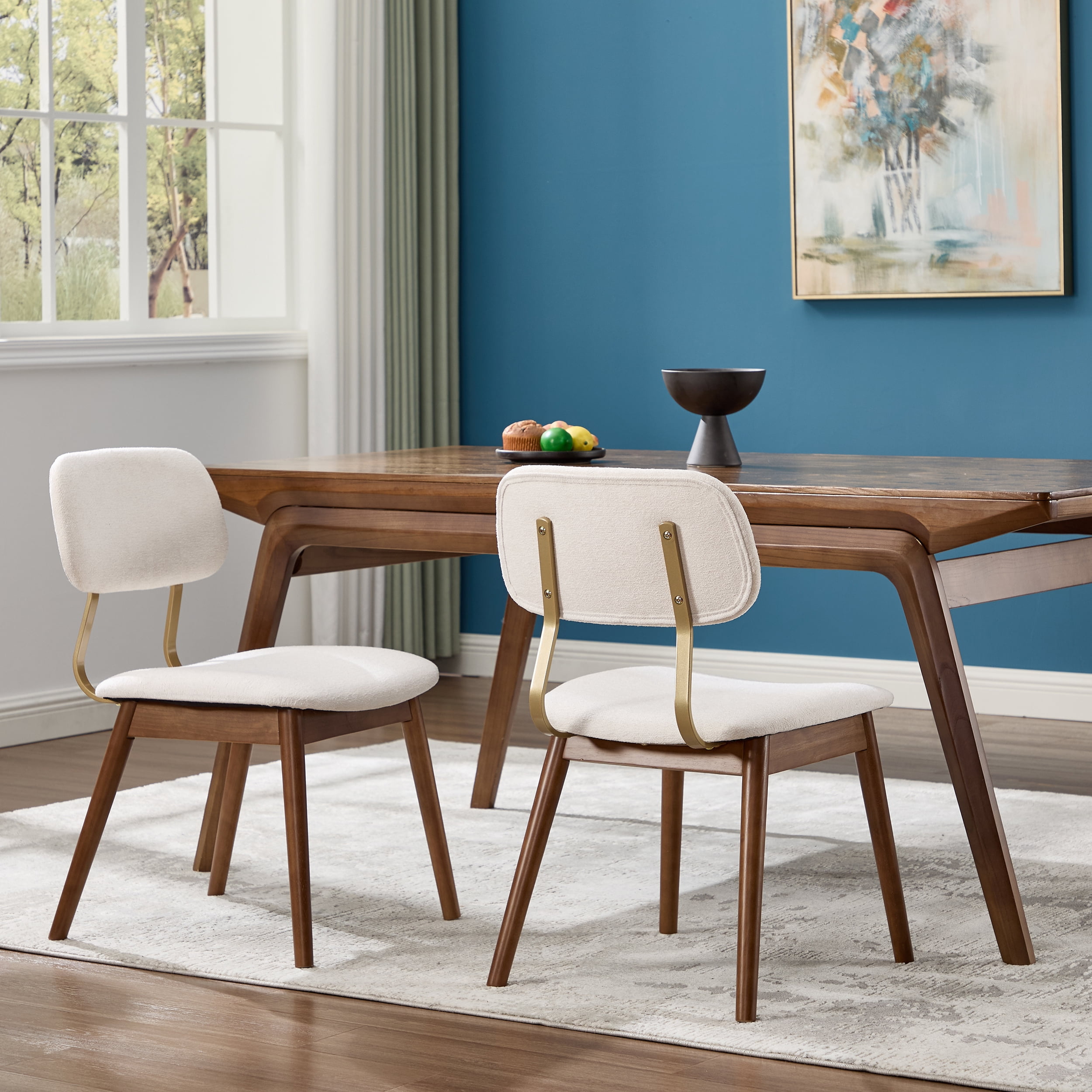 Garitin Dining Chair Set of 2 and Wooden Side Chairs, Fabric Upholstered Seating with Curved Backrest for Kitchen and Dining Room, Beige