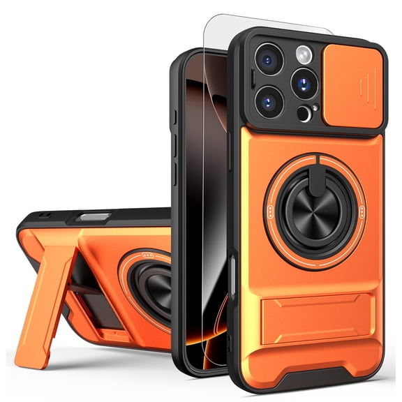 Dteck Magnetic Case with Tempered Glass Screen Protector for iPhone 15 Pro Max,Shockproof TPU PC Slide Lens Protection Case Compatible with Mag Safe Ring Holder Hidden Kickstand Back Cover,Orange