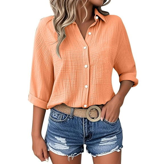 Womens Button Down Shirts Textured V Neck 3/4 Sleeve Blouses Casual Loose Stand Collar Shirt Jacket for Work Office