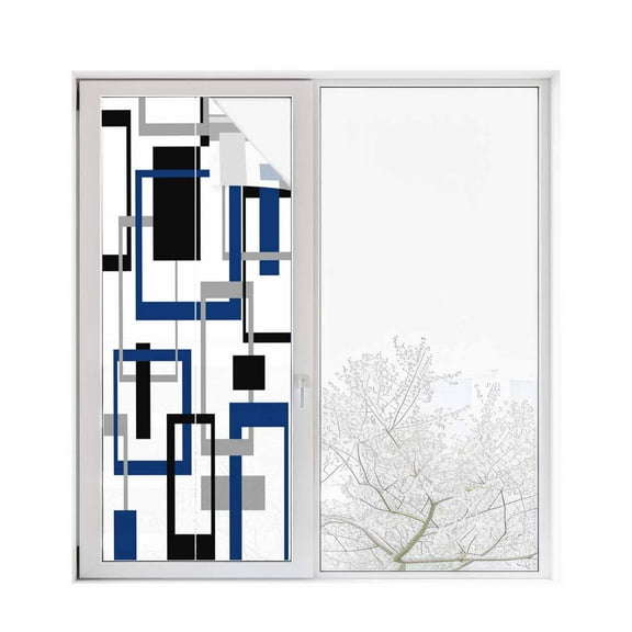 Window Privacy Film Blue Black Geometric Stained Glass Window Film Decorative Sun Block Window Cover Modern Minimalist Stripes Aesthetic Window Clings Static Adhesive Sticker for Bathroom 23.6"x59"