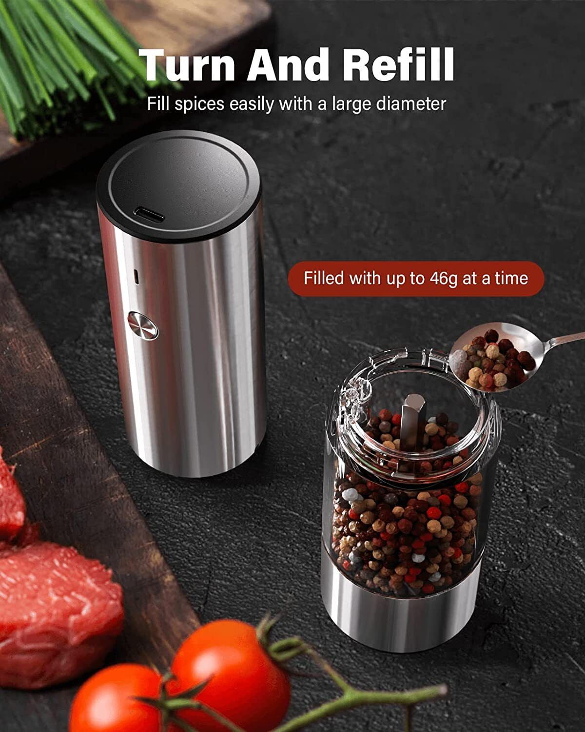 TOMEEM Electric Salt and Pepper Grinder Set Stainless Steel Automatic One Hand Operation Adjustable Coarseness Mill Grinders Shakers & LED Light Refillable