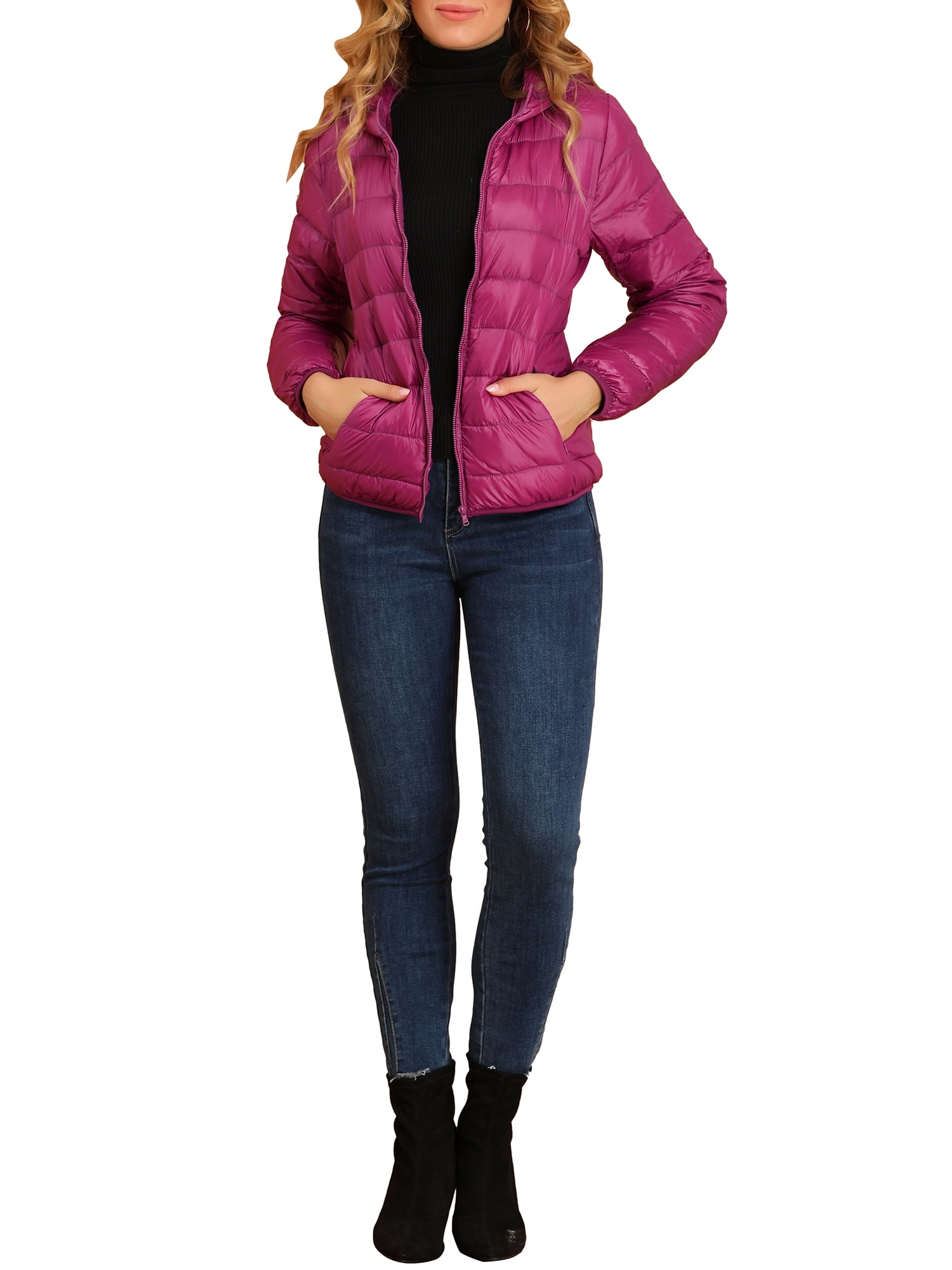DARING DIVA Women's Hooded Zip Up Short Down Lightweight Jacket M Hot Pink