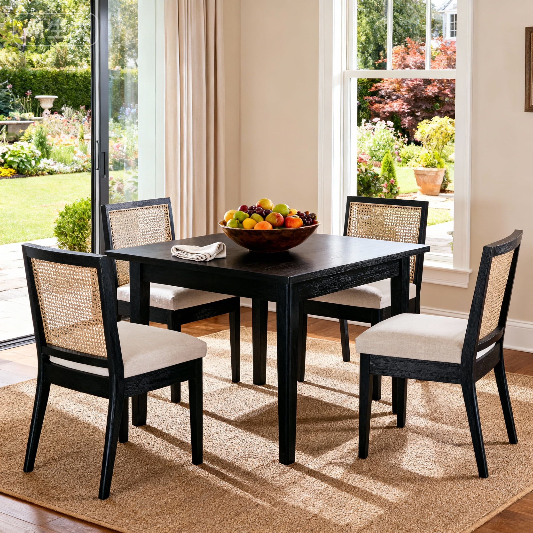 Guyou Farmhouse Rattan Dining Chairs Set of 2, Mid Century Modern Dining Side Chairs with Black Hardwood Frame, Linen Upholstered French Country Kitchen Chairs for Dining Room Bistro, Beige