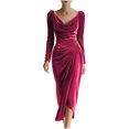 thumbnail image 4 of ClodeEU Women's Velvet Draped Neckline Long Sleeve Dress, Elegant Bodycon Ruched Party Dress Hot Pink,Womens Plus XXL, 4 of 7