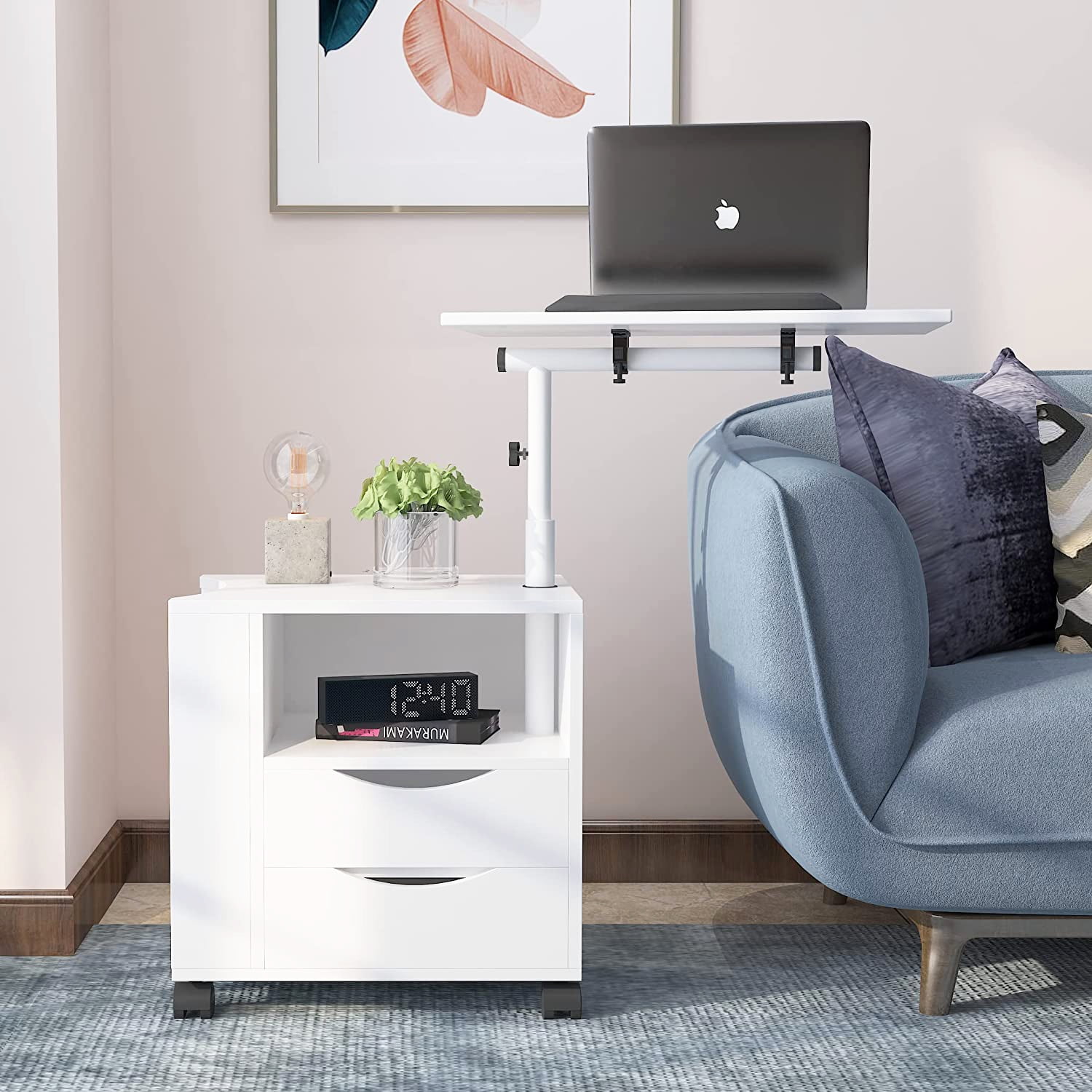 Semiocthome Modern White Wood Adjustable Height End Table, 2 Drawers