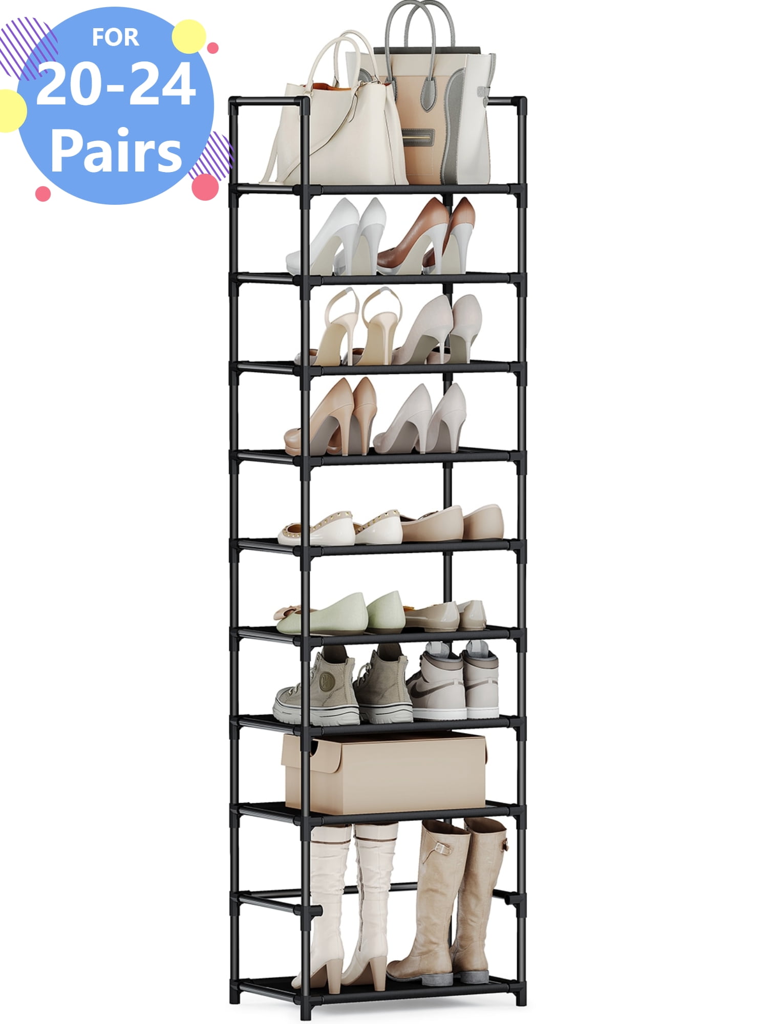 10-Tier Narrow Shoe Rack, Bug Hull Shoe Organizer with Non-Woven Shelves, Space-Saving Shoe Tower, Black