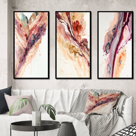 Designart "Redend Point Canyon - A River's Tale I" Abstract Liquid Ink Framed Wall Art Set Of 3 - Red Modern Frame Canvas Set For Living Room Decor