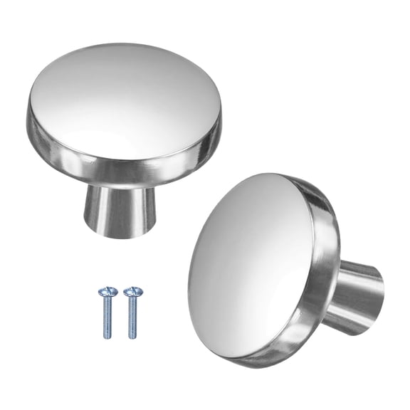 Uxcell 2-Pack Brushed Satin Cabinet Knobs, 1-1/5" Round Modern Zinc Alloy Knobs Handles [Bright Silver]