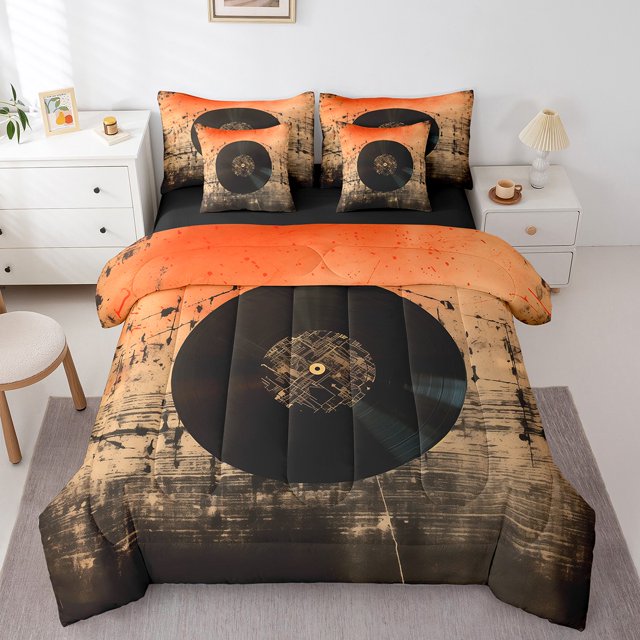 Musical Discs Bedding Set King Size, Musical Notes Rock Music Comforter Set, Sunset Dusk Print Kids Boys (Comforter+Fitted+Flat Sheet+2 Pillowcases+2 Throw Pillow Covers) 7 Pieces Bed Set