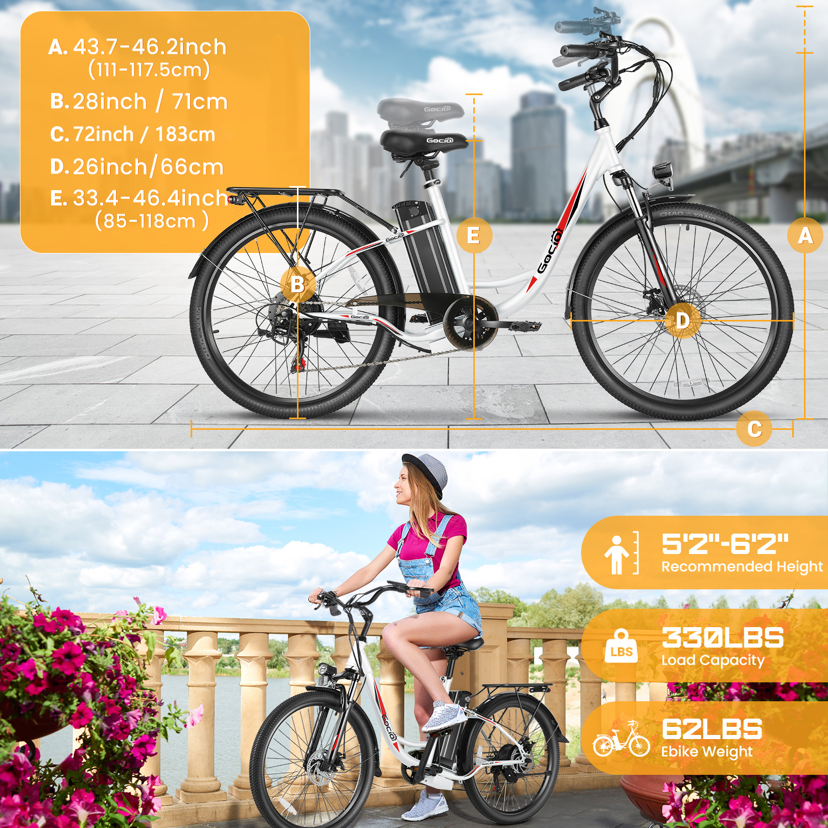 Gocio 26" City Commuter Electric Bike for Adults, 750W Peak Motor Electric Bicycle, 48V 7.8Ah (374Wh) Removable Battery, 19.8 Mph, 7-Speed Gears Ebike, UL2849 Certified