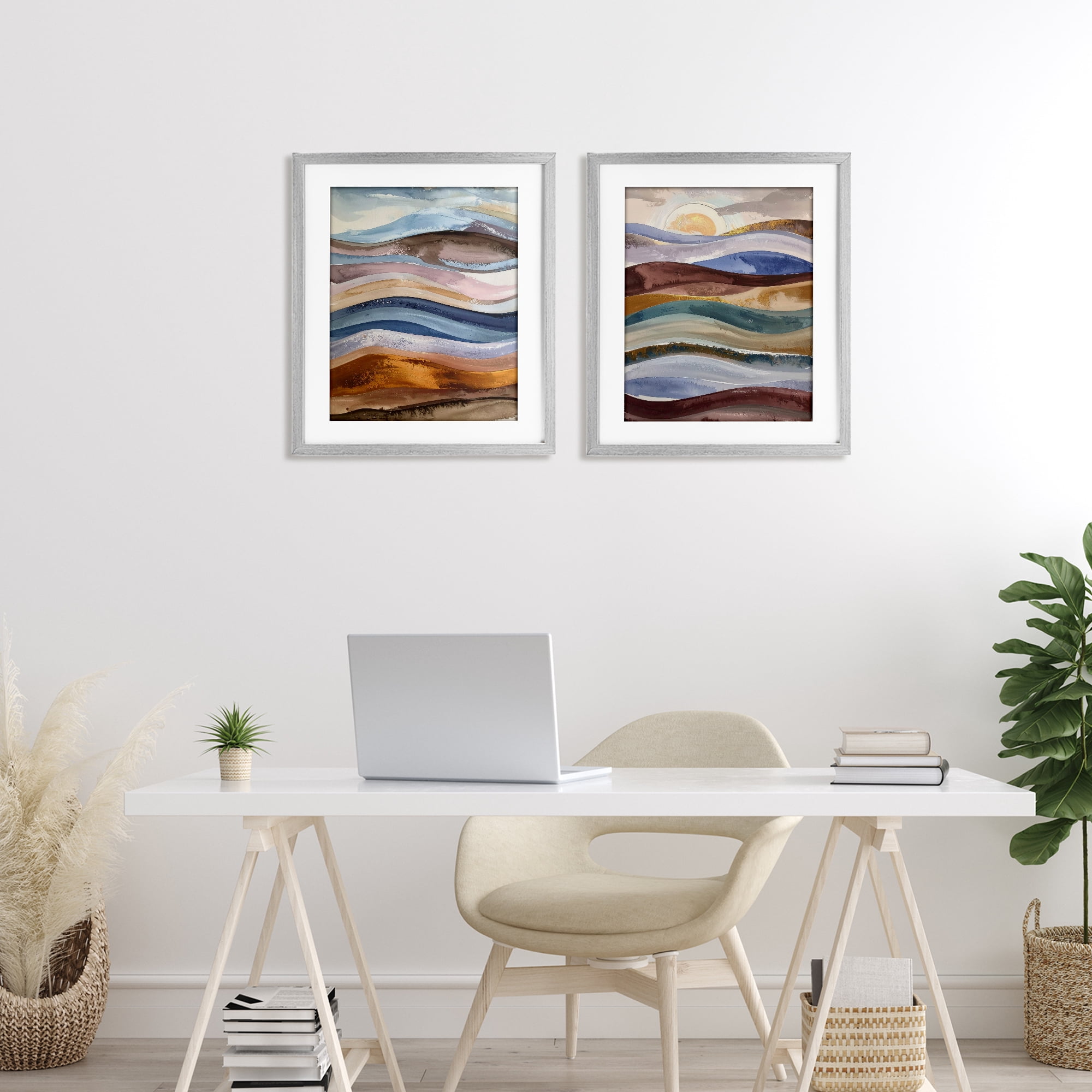 Stupell Industries Earthy Ocean Flow 2 Piece Gray Framed Print Under Glass Set, design by Alonza Saunders