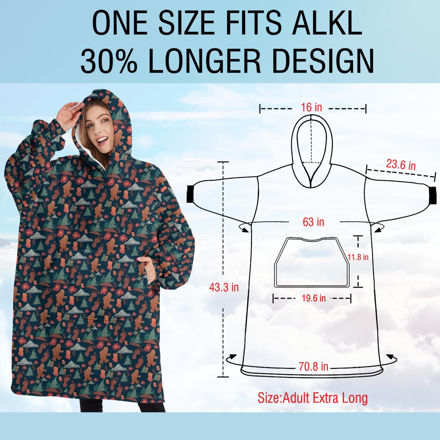 Oversized Wearable Blanket Hoodie,Dark Blue Bigfoot and Tree Pattern Sherpa Blanket Hoodie with Super Pockets,Super Warm Fuzzy Pullover for Women & Men