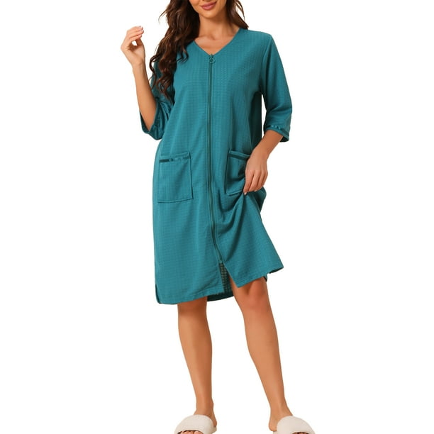 INSPIRE CHIC Pijamas de Día de la Madre para Mujeres con Mangas 3/4, Bata de Spa, Ropa de Casa, Batas con Cremallera, Talla M, Azul Pavo Real