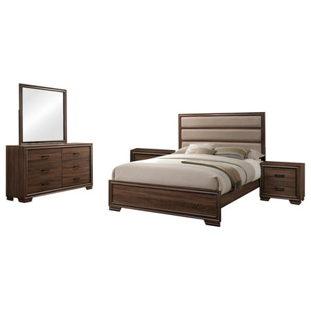 Carina 5 Piece Bedroom Set, Queen, Chocolate Wood & Faux Leather, Contemporary (Upholstered Panel Bed, Dresser, Mirror, 2