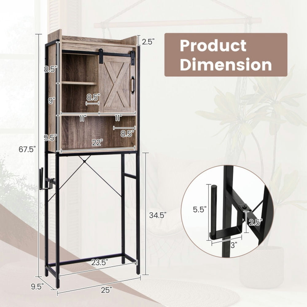 Finihen Toilet Storage Cabinet, Bathroom Cabinet Organizer, 4-Tier Multifunctional Toilet Storage Cabinet with Adjustable Shelf and Sliding Barn Door, for Bathroom, Gray