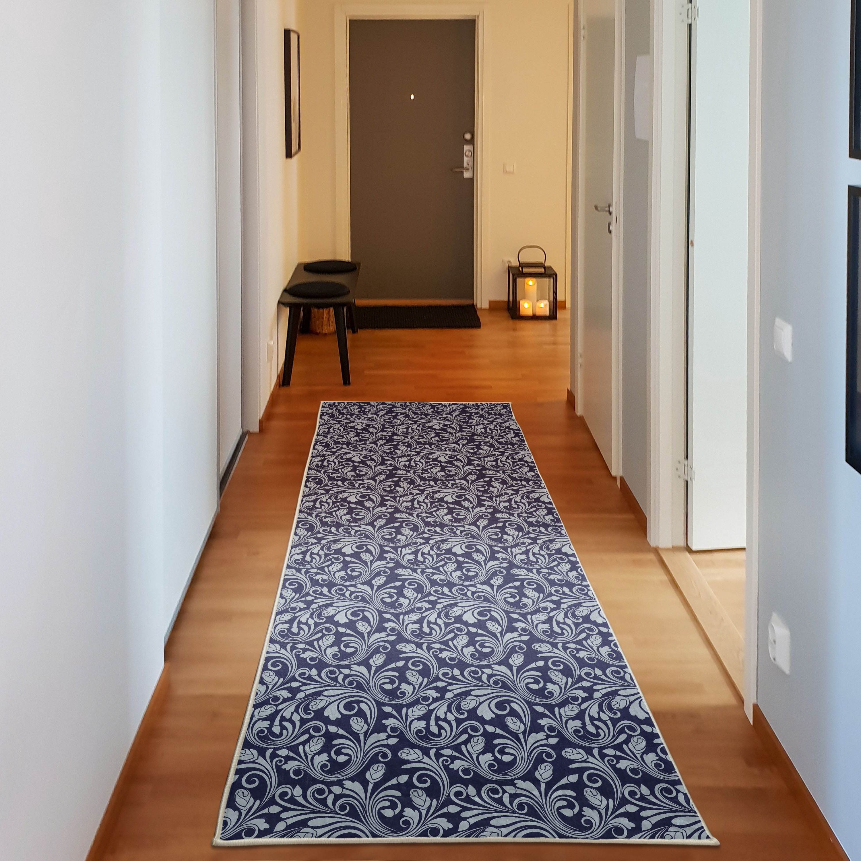 Medieval Rug Blue Floral Decorative Rug, Medieval Victorian Petals Baroque Blooms Swirls ...