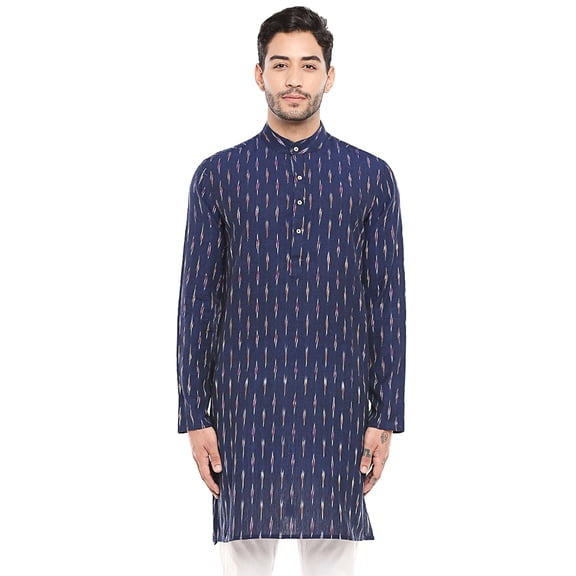 In-Sattva Men's Indian Handloom Band Collar Ikkat Print Knee Length Kurta Tunic, Blue, MD