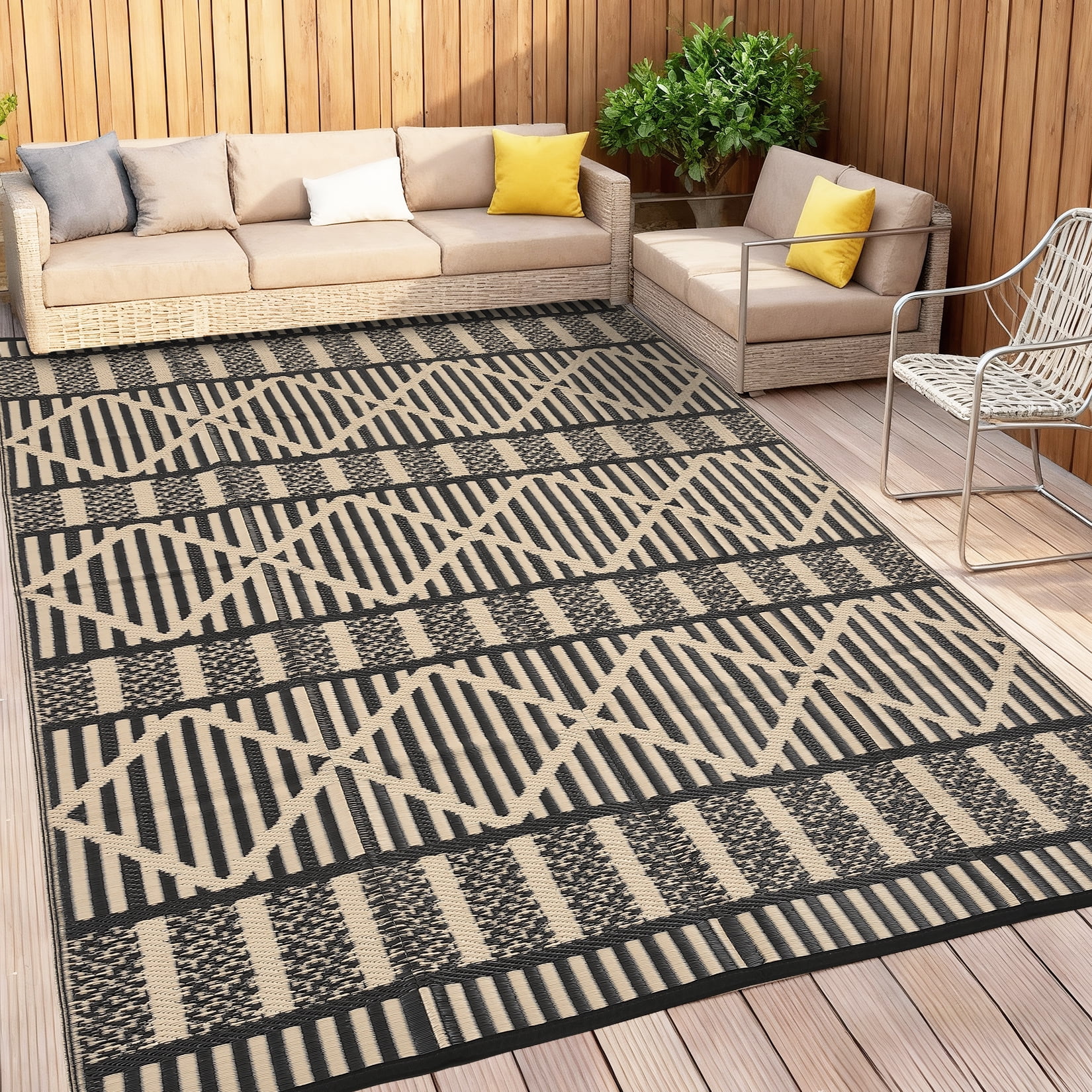 Garvee 9'x18' Outdoor Rug Waterproof Outdoor Patio Rug Mat, Reverisble Plastic Straw Outdoor Rug for RV Camping Picnic Beach Balcony, Black and Coffee