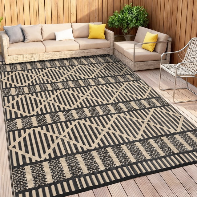 HOMERRY 8' x 10' Brown Black GeometricBoho Outdoor Rug Straw Plastic Area Rug for Balcony Pool RV Waterproof Reversible Carpet