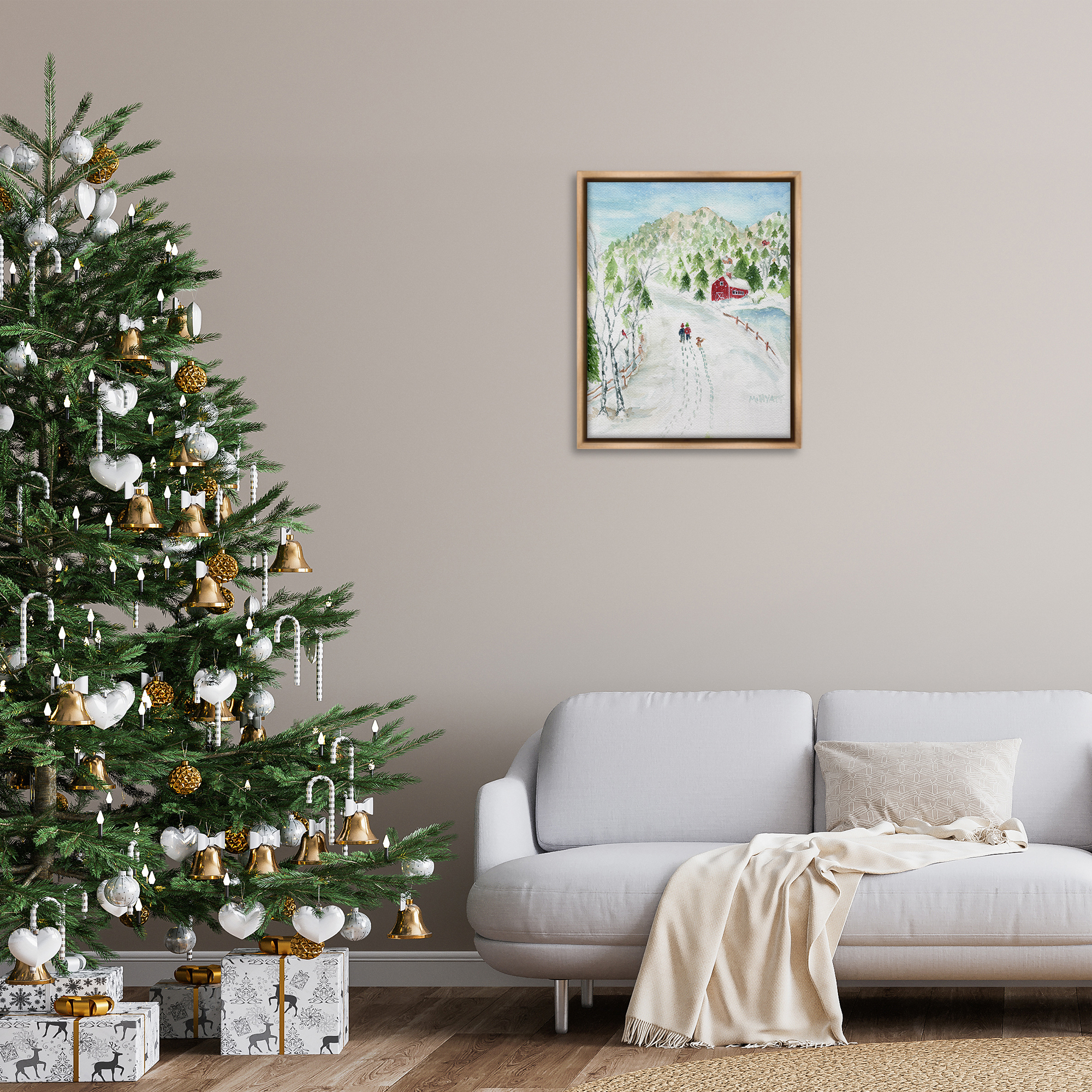 Stupell Industries Steps in Country Snow Holiday Painting Brown Floater Framed Art Print Wall Art, 25 x 31