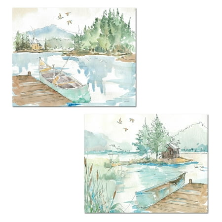 - Beautiful Watercolor-Style Lake, Cabin and Canoe Set by Anne Tavoletti; Lodge Decor; Two 14x11in Paper Posters