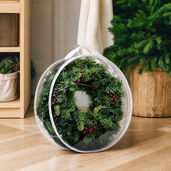 Eliaeconx Christmas Wreath Storage Bag, Clear Round Holiday Wreath Container with Reinforced Handle and Zipper for Artificial Wreath