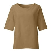 VEKDONE Womens Cotton Linen Gauze Tshirts Summer Half Sleeve Crewneck Peasant Blouse Loose Fit Plus Size Lounge Shirts Solid Color Side Slit Tunics Tops