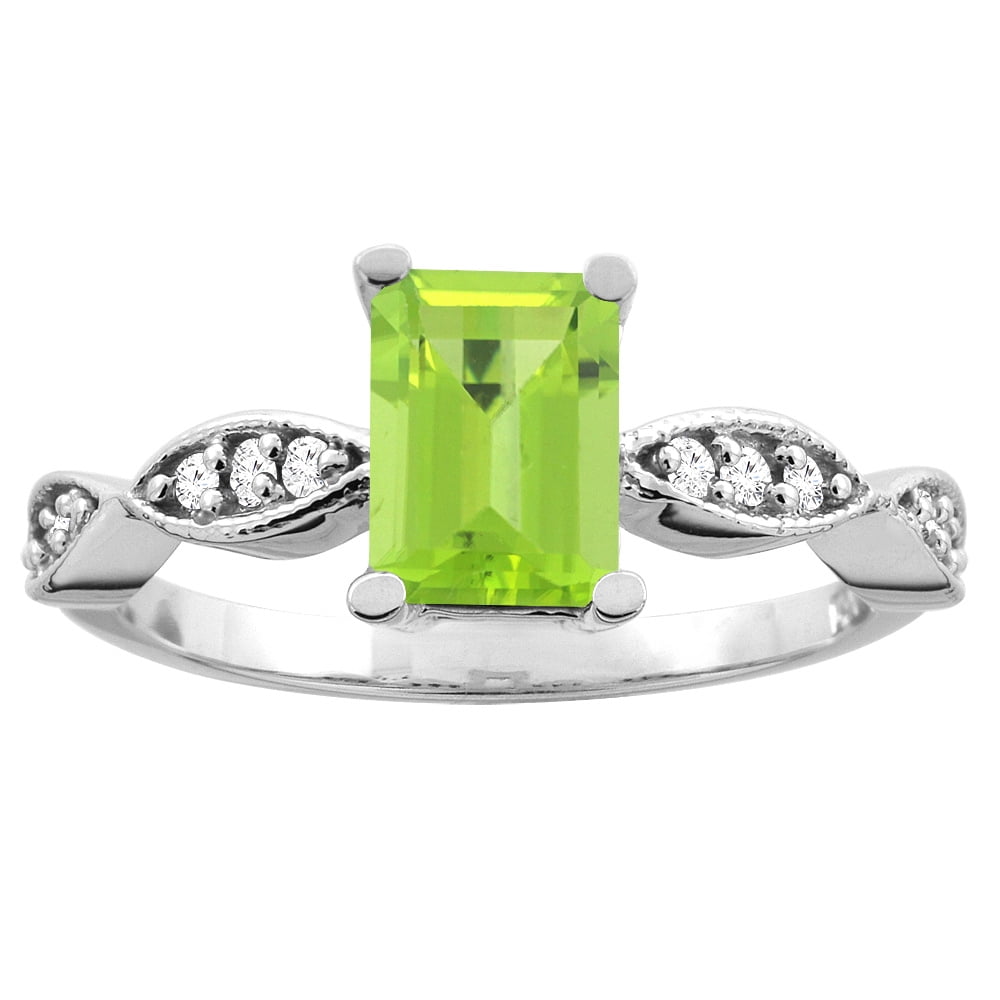 14K White Yellow Gold Natural Peridot Ring Octagon 7x5mm Diamond Accents, sizes 5 -10 by WorldJewels