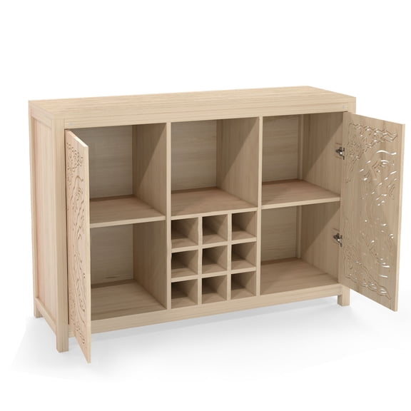 Wine Bar Cabinet 2 Doors MDF Buffet Storage Liquor Cabinet with Wine Rack Glass Holder for Living Dining Room Kitchen Wood Color-Christmas decorations
