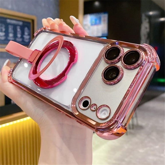 For IPhone 17 Pro Max Case Compatible With MagSafe, Transparent Crystal Back Cover With Ring Stand Magnetic Cover Case,Pink,For iPhone 17 Pro Max