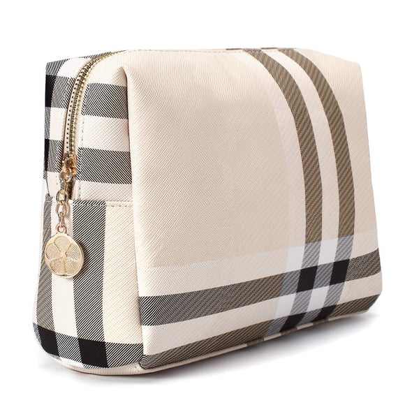 Bolsa de maquillaje Jessyline, grande, lujosa, de piel vegana, color beige