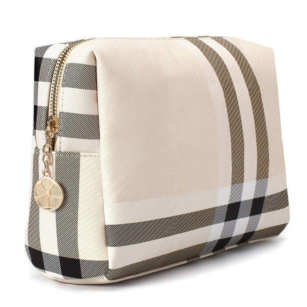 Bolsa de maquillaje Jessyline, grande, lujosa, de piel vegana, color beige