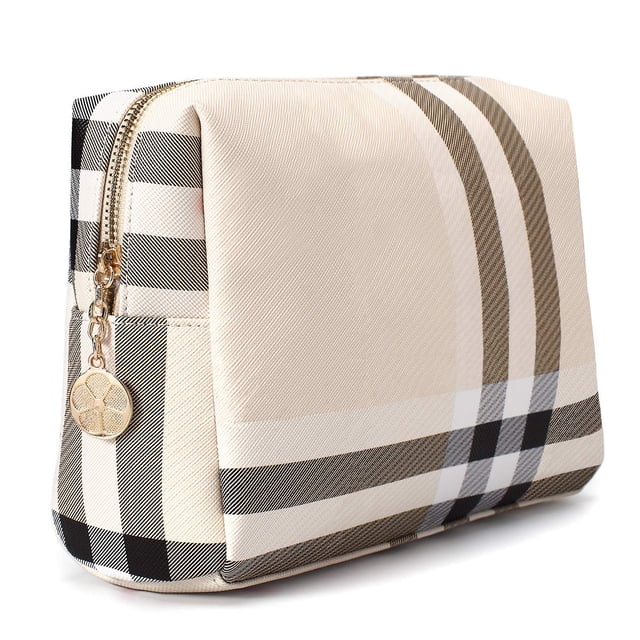 Bolsa de maquillaje Jessyline, grande, lujosa, de piel vegana, color beige