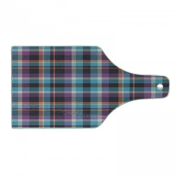 Checkered Cutting Board, Celtic Tartan Irish Culture Scotland Country Antique Tradition Tile, Tempered Glass Cutting and Serving Board, Wine Bottle Shape, Violet Pale Blue Salmon, by Ambesonne