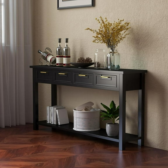 Console Table for Entryway with 4 Drawers, 60 Inch Long Entryway Table w/Open Storage Shelves and Handmade Metal Handle, Narrow Foyer Sofa Table for Living Room, Entryway, Hallway, Black
