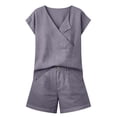 thumbnail image 4 of Hvogkswy Women Two Piece Linen Sets, Solid Color Short Sleeve V-Neck Tops and Button Waist Shorts with Pockets Lightweight Breathable Beach Vacation Summer Casual Set, 4 of 7