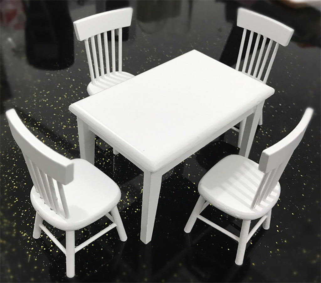 VORCOOL 5pcs 1/12 Dollhouse Miniature Dining Table Chair Wooden Furniture Set White 