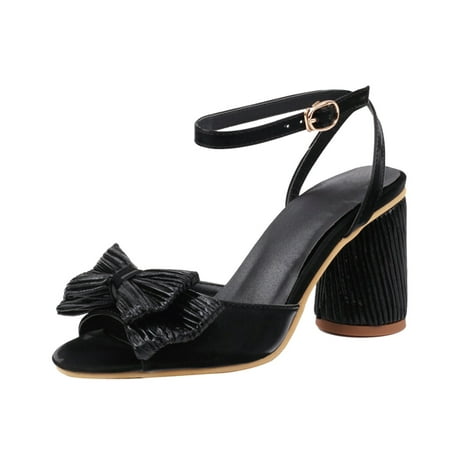 

SEMIMAY Ladies British Style Solid Color Leather Bow Thick Heel Hollow Fashion Retro Sandals