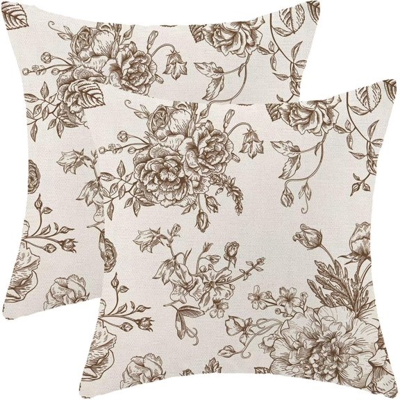 Spring Brown Floral Pillow Covers 18x18 Inch Set of 2, Chinoiserie Brown Flower Decorative Throw Pillowcase Vintage Floral Outdoor Cushion Cover for Sofa Couch Living Room Bed Decor