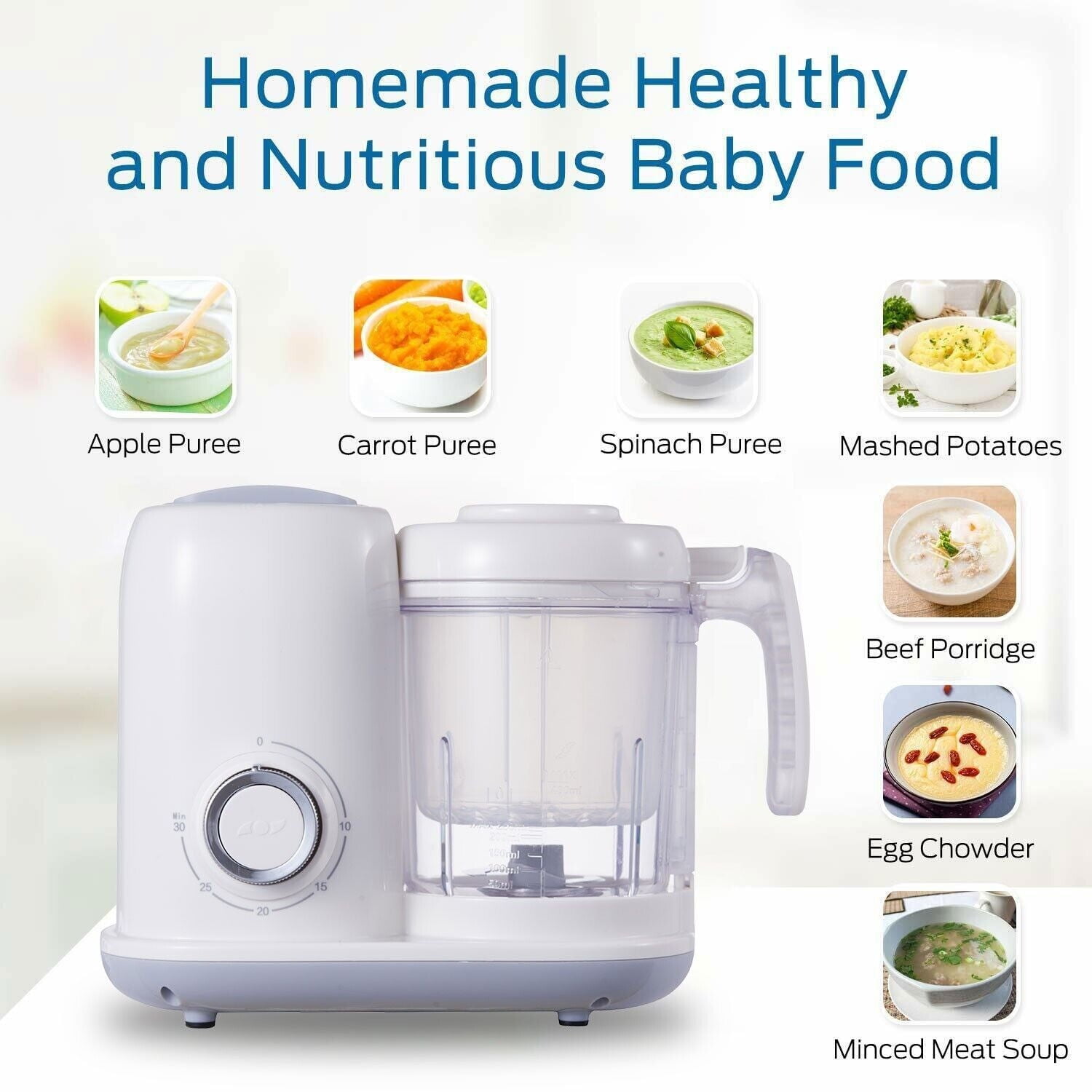 Baby Food Maker 4 in 1 Puree Blender Auto Grinding Knob Control Dishwasher Safe, White for aged 6 months to 2