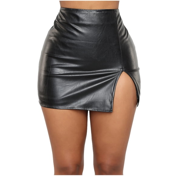 Mrat Women's Solid Color Leather Zipper Hip Leather Skirt Split Mini Skirt S-49 Black S