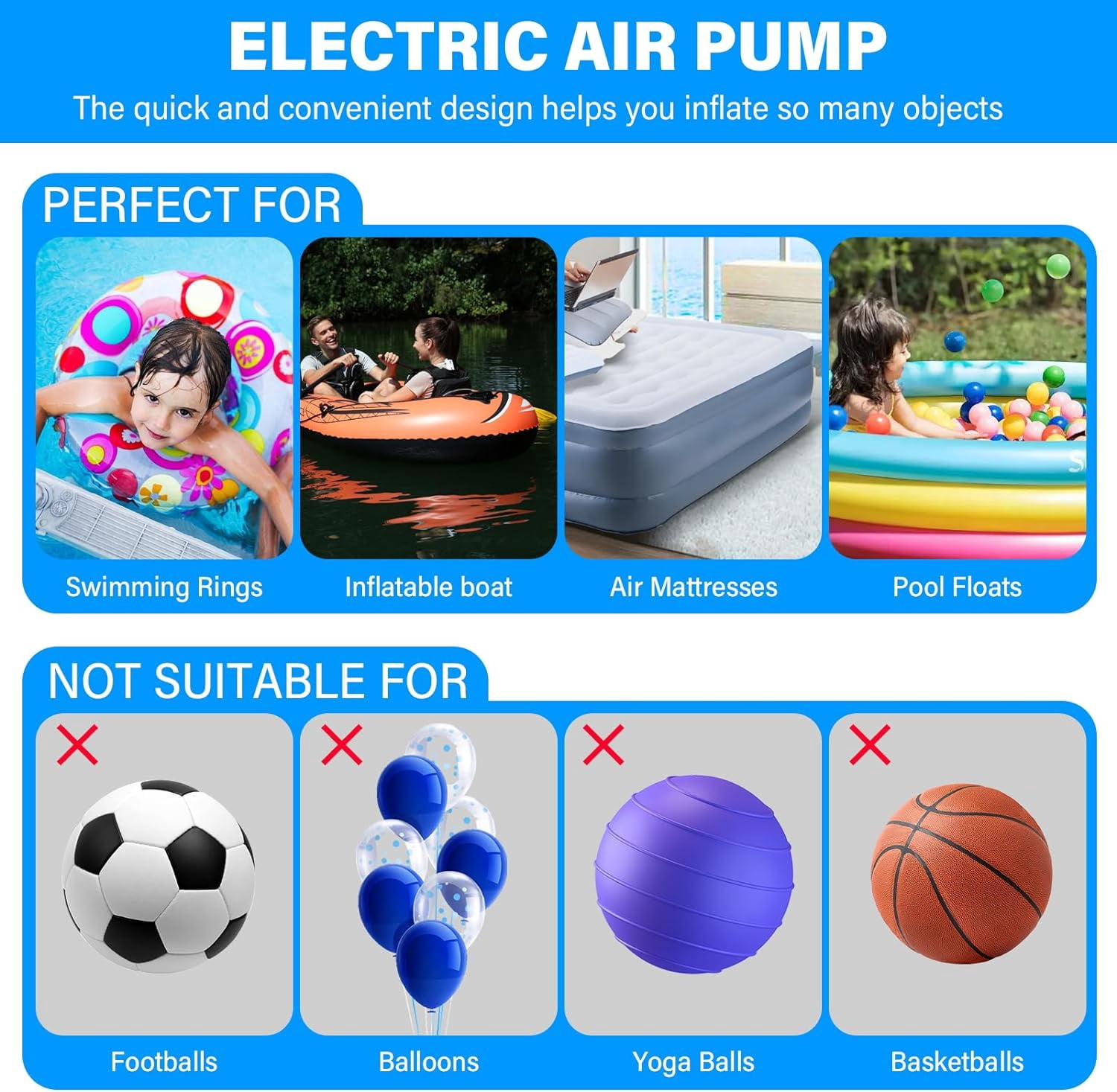 Electric Air Pump for Inflatable with 3 Nozzles, 110V AC/12V DC, Air Mattress Pump, Quick Fill Inflator Deflator Air Pump Perfect for Outdoor Camping Inflatable Boat Blow Up Pool Water Toy