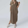 thumbnail image 2 of UTSJKR Womens Maxi Dress with Pockets 2024 Fashion Vintage Solid V Neck Smocked Casual Beach Vacation Loose Irregular Hem Split Dress Summer Basic Short Sleeve Sundress Khaki L, 2 of 8