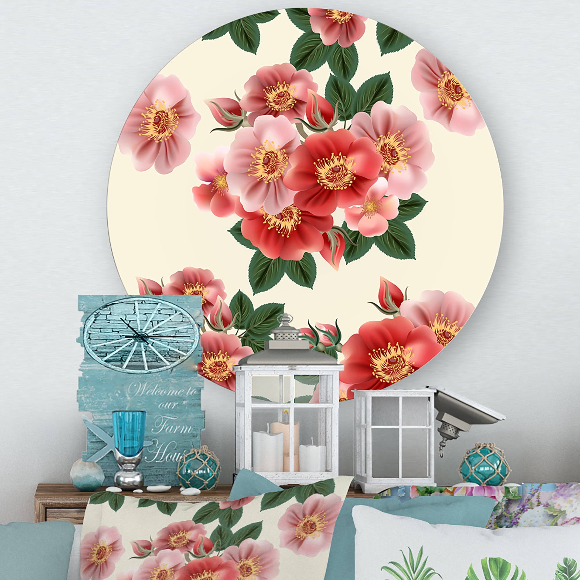 Designart 'Ancient Red Roses' Traditional Circle Metal Wall Art 23x23 - Disc of 23