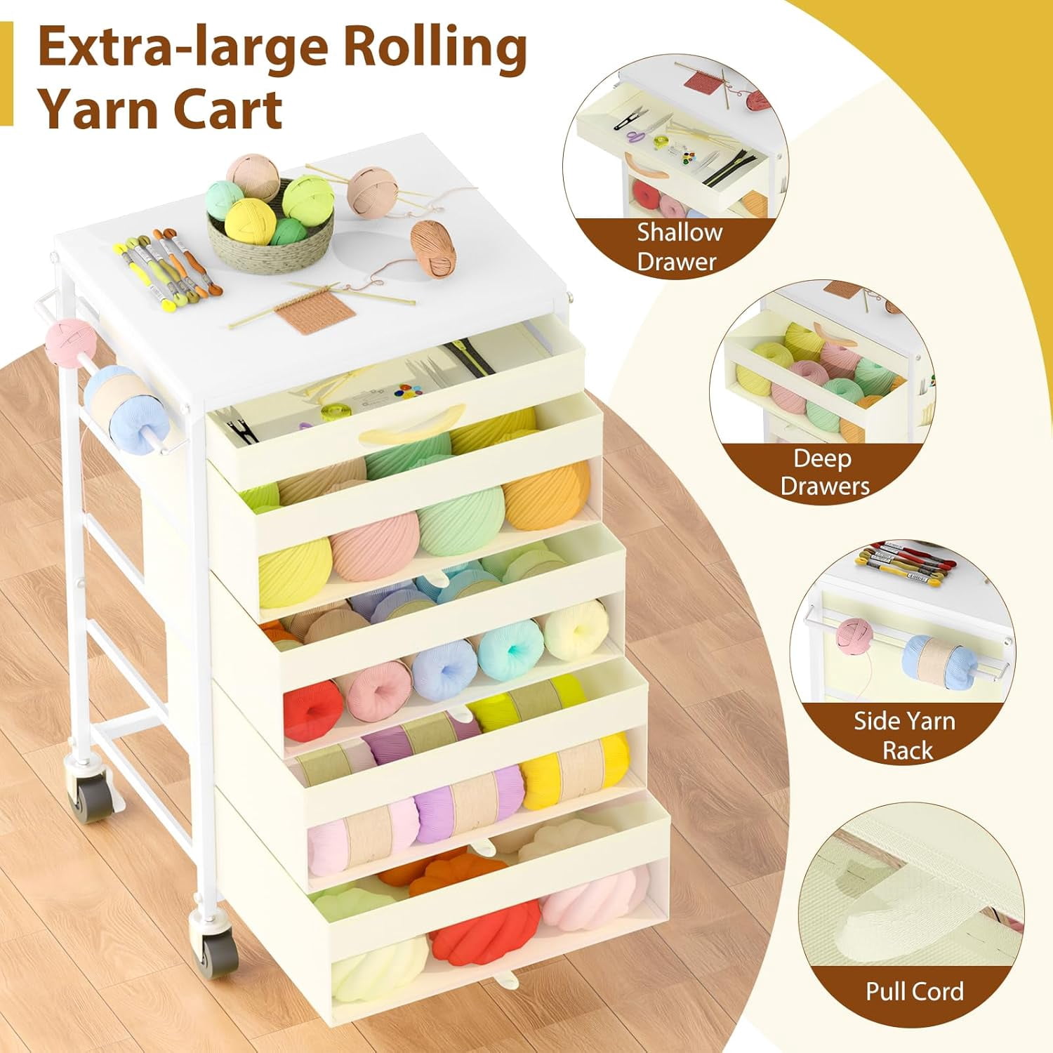Yarn Storage Organizer Cart with Drawers, Yarn Holder Mobile Knitting Crochet Organizer, Rolling Craft Cart with Lockable Wheels and Side Pockets for Crochet Knitting Supplies, White