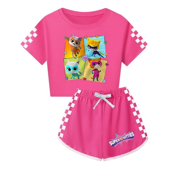 Kids SuperKitties Clothing Set – Girls Short Sleeve T-Shirt and Shorts – Cute Cartoon Cat Summer Look